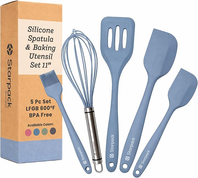 Starpack Flip and Whip Silicone Baking Utensils Set (5-Piece) - LFGB Non Toxic, 600°F Heat Resistant, BPA-Free - Whisk and Rubber Spatula Set with Pastry Brush - Dishwasher Safe, Nonstick Light Blue