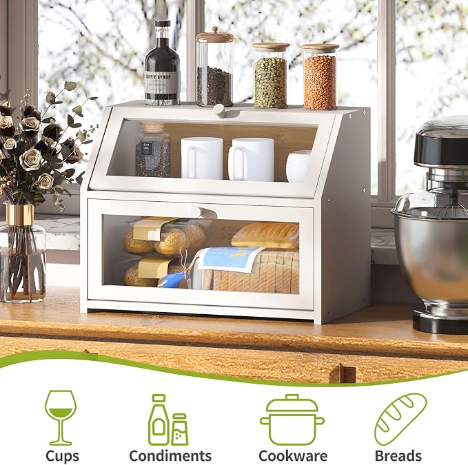 BMOSU Farmhouse Bread Box for Kitchen Countertop Bread box Double Layer Bamboo Wooden Extra Large Capacity Bin Kitchen Food Storage Container(White)
