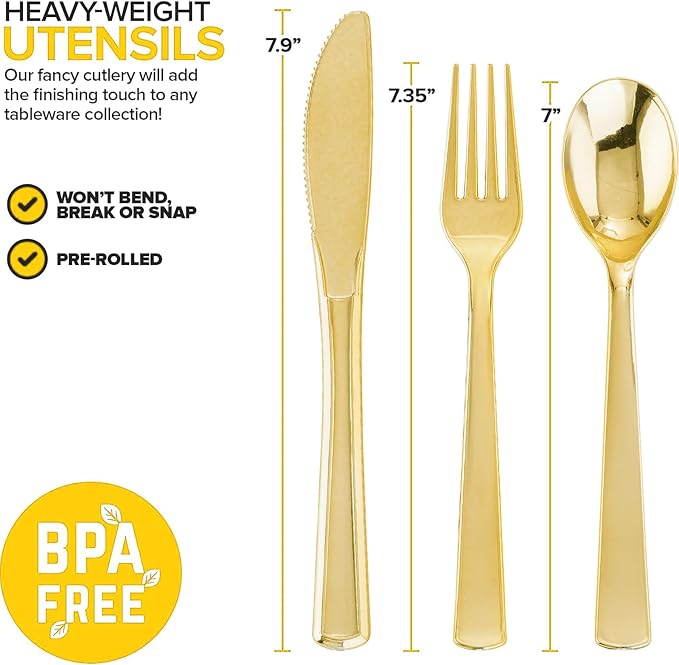 400PCS Pre Rolled Gold Plastic Silverware Set Heavy Duty for Wedding | Wrapped Utensils, Disposable Cutlery, 100 Pack, Durable and Sturdy, BPA free, Includes Napkins, for Party, Event Supplies