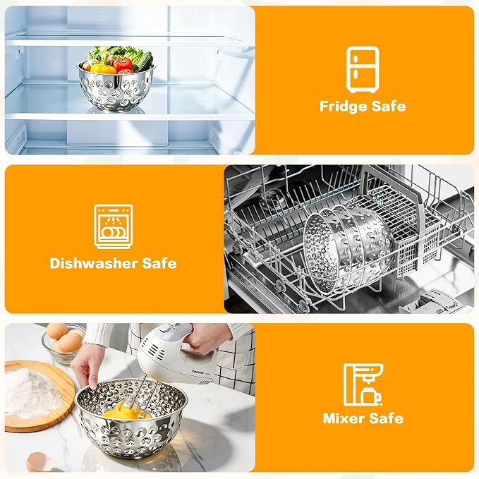 5-Piece Stainless Steel Mixing Bowls Set | 4.9/4.2/3.2/2.1/1.6QT, Hammered Design, Food-grade, for Kitchen Meal Prep, Baking, Movie Night, Party