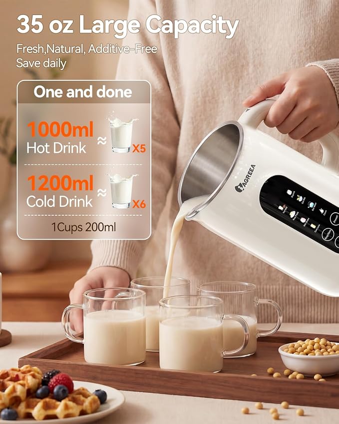 IAGREEA 10-in-1 Nut Milk Maker Machine, 42oz Soy Milk Blender | Large Capacity, No Soak/12H Delay/2H Keep Warm for Homemade Almond/Oat, Juice, Plant-Based & Dairy Free for Family & Party