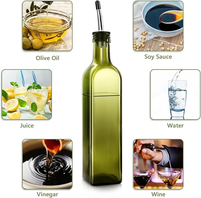 Leaflai Olive Oil Dispenser Bottle, 17oz Glass Olive Oil Dispenser and Vinegar Dispenser Set 500ml Green Glass Oil Bottle Dispenser with Pourers,Funnel and Brush