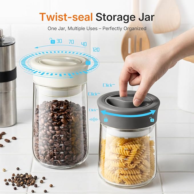 2-Pack 27oz Glass Storage Jars with Airtight Twist-Seal Lids | Easy Open/Clean, Clear Borosilicate Pantry Jar, Wide Mouth Coffee Storage Container for Coffee Bean, Sugar, Snacks, Pasta