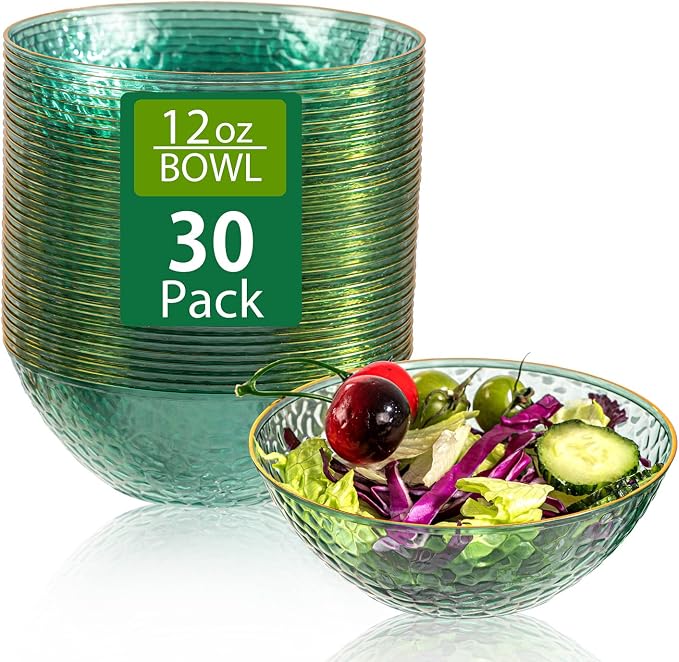 30 Pack 12 Ounce Clear Green Plastic Bowls Serving Bowls Hammered with Gold Rimmed, Heavy Duty Disposable Bowl Set,Small Bowls for Party Picnic