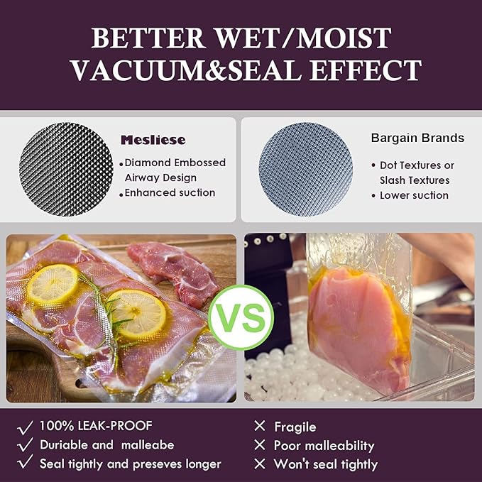 Mesliese Vacuum Sealer Bags Rolls for Custom Fit 11''x16' 3 Pack & 8''x16' 3 Pack Total 96', Heavy-Duty Thick Food Bag, BPA-Free, Freezable, Use for Sous Vide and Storing Raw and Cooked Foods, | Heavy-duty thick food bags, BPA-free, freezable, sous vid...