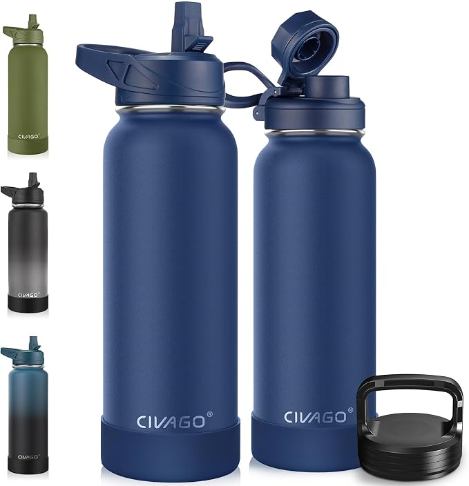 CIVAGO 40 oz Insulated Stainless Steel Water Bottle With Straw and 3 Lids | Large Metal Sports Water Jug, Leakproof Reusable Wide Mouth Thermal Flask Cup with Silicone Boot, BPA-Free, Navy Blue