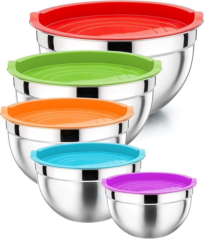 P&P CHEF Metal Mixing Bowls with Lids Set, Airtight Lids & Multicolor | 5 PCS Stainless Steel Mixing Nesting Bowls for Kitchen Prepping, Storing, Healthy & Easy Clean, Size 4.6, 3, 1.5, 1, 0.7 QT