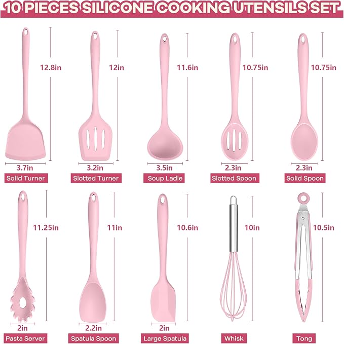 TeamFar Silicone Cooking Utensils, 10 pcs Kitchen Cooking Utensils Set | Heat Resistant Kitchen Gadgets Tools Set w/Spatula, Turners, Spoons, Soup Ladle, Pasta Server for Nonstick Cookware, Pink