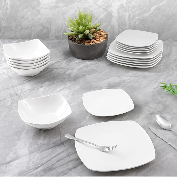 Zulay Kitchen Luna 18-Piece Porcelain Dinnerware Set - Chip and Scratch Resistant Plates and Bowls - Premium Quality Dishes Set for 6, White