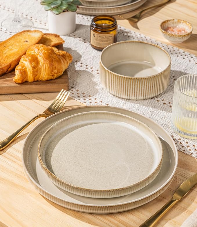 GBHOME Stoneware Dinnerware Sets for 4, 12 Pieces Plates and Bowls Set | Lightweight Ceramic Ribbed Dishes,Reactive Glaze Stackable Plate Set,Scratch Resistant,Microwave & Dishwasher Safe,Cappuccino