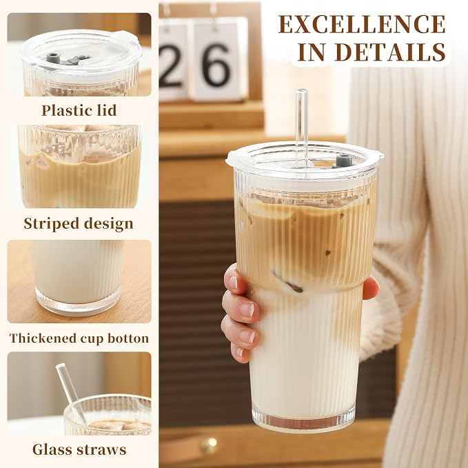 Drinking Glasses with Lids and Glass Straw 4pcs Set,20oz Glass Tumbler Cups,Water Glasses,Iced Coffee Glasses,iced Tea Glasses,Beer Glasses,Ideal for Whiskey,2 Brushes