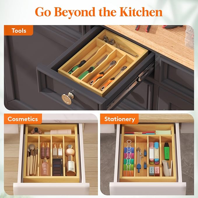 Lifewit Bamboo Silverware Tray for Drawer, 8.6 x 12.5 | Utensil Organizer for Kitchen, Flatware and Cutlery Holder, Storage for Spoons Forks Knives, Natural