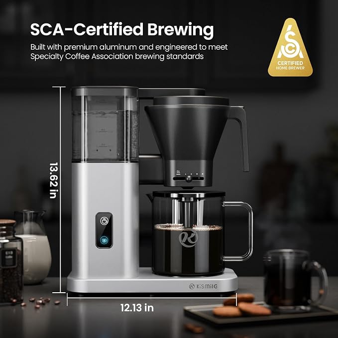 Kismile SCA-Certified 8 Cup Drip Coffee Maker, Pour Over Coffee Machine with 3s Instant Heat 197–205℉, Adjustable Flow Control, Removable Water Tank, Deep Cold Brew & 40 Min Keep Warm (Silver)