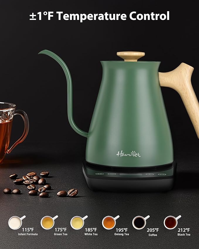 Harriet Gooseneck Electric Kettle, 1°F Control, Brew Time, 0.8L | 120-Min Keep Warm, 104–203°F Control, Built-In Brew Timer, Stainless Steel, Wood-Accent Handle for Pour-Over Coffee