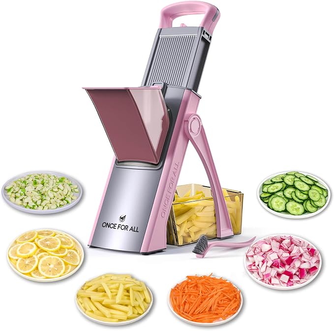 ONCE FOR ALL Safe Mandoline Slicer Plus, Bigger Size, Kitchen Slicer, Pink | 0.1-8mm Adjustable Kitchen Mandoline Slicer, Vegetable Food Chopper, Stainless Steel, Detachable Blade, Dishwasher-safe, Gift