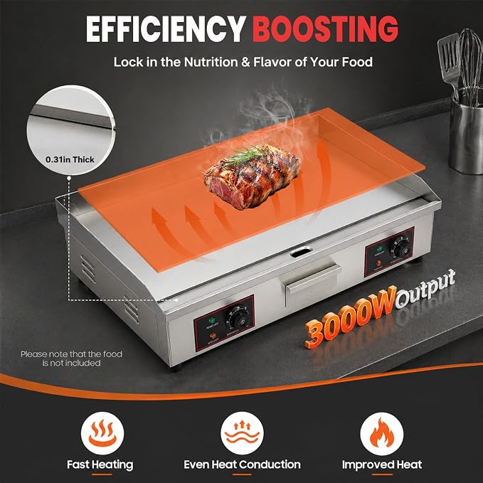 30" Electric Countertop Flat Top Griddle 3000W 110V Non-Stick Commercial Restaurant Teppanyaki Grill Stainless Steel Adjustable Temperature Control(No Plug)