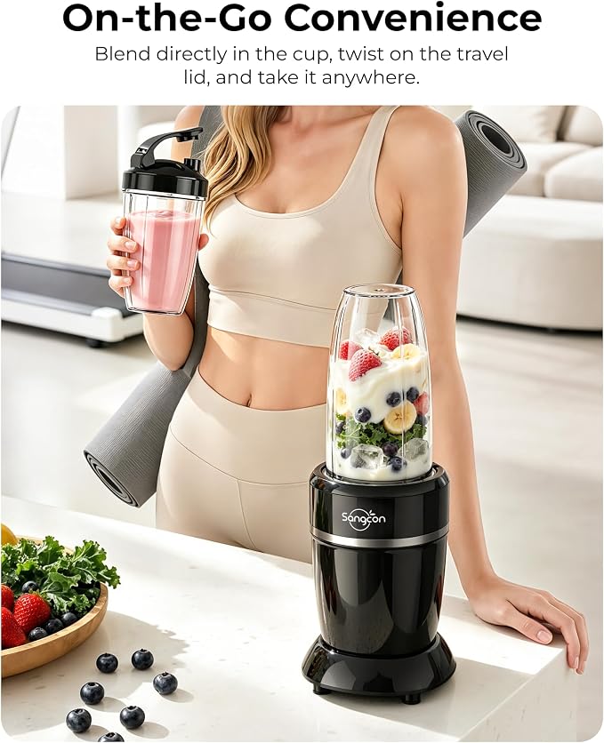 Sangcon 1000W Personal Smoothie Blender, Protein Shakes, Home & Gym, Black | 37/32/22 oz BPA-Free To-Go Cups with 6-Leaf Blade, Frozen Fruit, Ice Crushing, Baby Food, Sauces, Dips, Coffee, Nuts, Spices