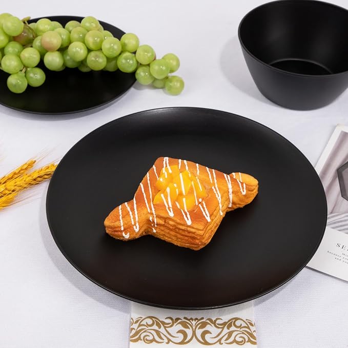 32pc Reusable Black Wheat Straw Dinnerware Sets Black Dishes for 8 | Unbreakable dishes set includes plates, bowls, cups, and napkins. Lightweight, stackable, and dishwasher safe for outdoor use