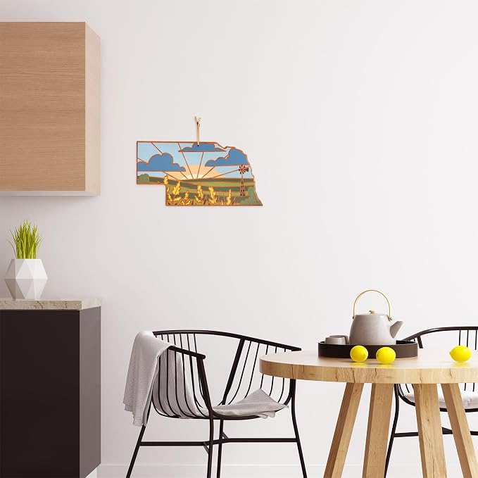 Totally Bamboo Nebraska State Shaped Cutting Board, Summer Stokes Art | State charcuterie board with colorful hand-drawn landscape art. Smooth reverse side for food prep. Hang tie for wall display.