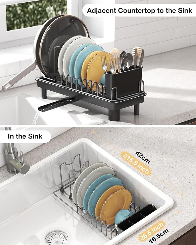 Small Dish Drying Rack Carbon Steel Dish Rack Rustproof for Kitchen Counter Compact Dish Drainer with Adjustable Slots for Small Kitchens & Apartments 16.5×6.5×7inch Black