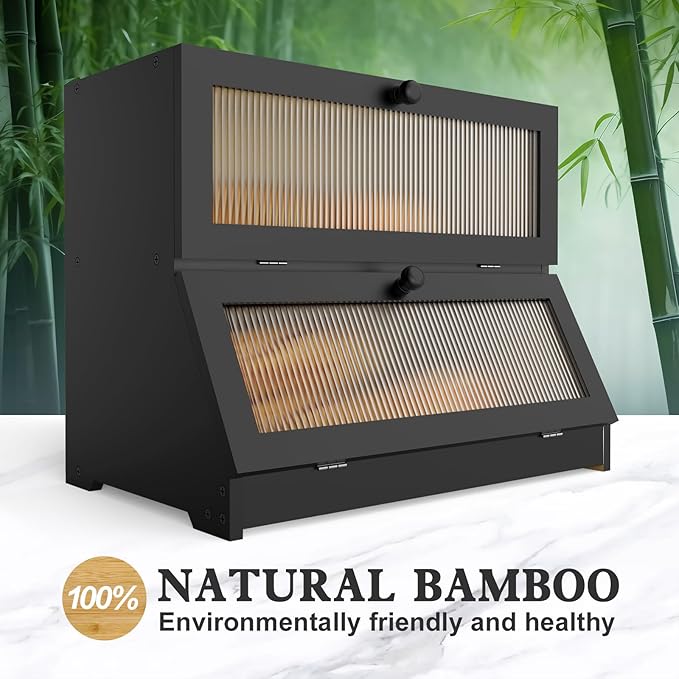 LOHASOK Bread Box for Kitchen Countertop,Black | 2-layer, Bamboo, Large, Farmhouse Bread Container Holder Storage, Acrylic translucent window