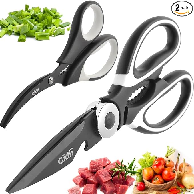 Titanium Coated Kitchen Scissors 2-Piece Set - Lifetime Replace. Warranty* | Gidli Heavy Duty Sharp Kitchen Shears for Meat, Poultry, Herbs and Food Prep Includes 7" Seafood Scissors with Ergonomic Grip