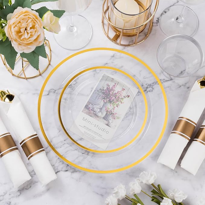 700 Piece Clear Gold Disposable Plastic Dinnerware Sets for Party | Plastic Silverware for 100, Include: 200 Plastic Plates, 100 Pre Rolled Napkins with Cutlery Sets, 100 Cups for Party