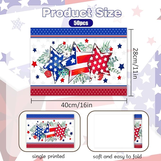 50 PCS Disposable Paper Placemats 4th of July Memorial Day Place Mats(D) | 16x11 Inch Patriotic Freedom Stars Table Mats for Holiday Indoor Outdoor Party Kitchen Dining Table Decorations