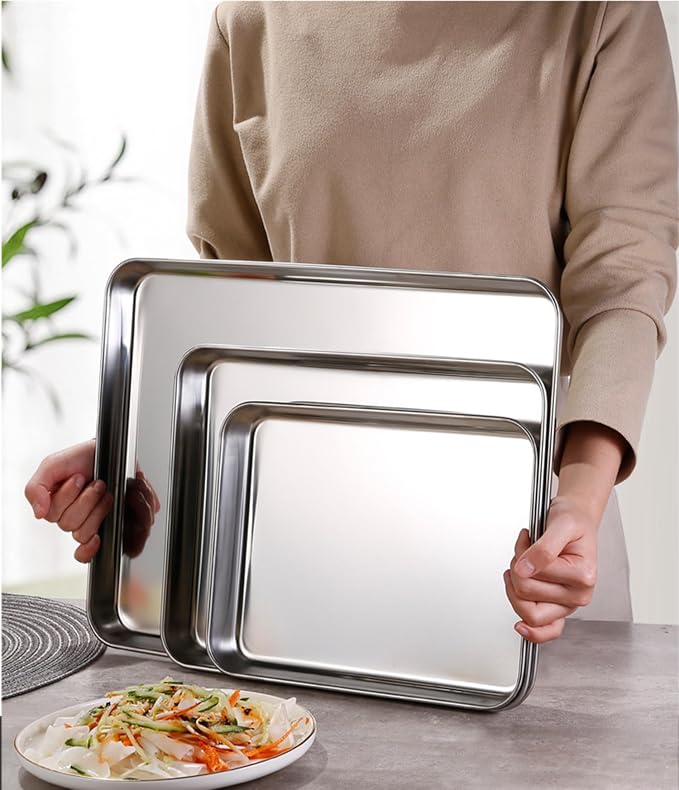 Small Cookie Baking Sheet Pans Stainless Steel 304 Little Serving Tray 10.4 x8.1 x1.1Inch (Diagonal 12.3) Reheat Food Small Items No Rust Dishwasher Safe for 2 Person 2 Pack