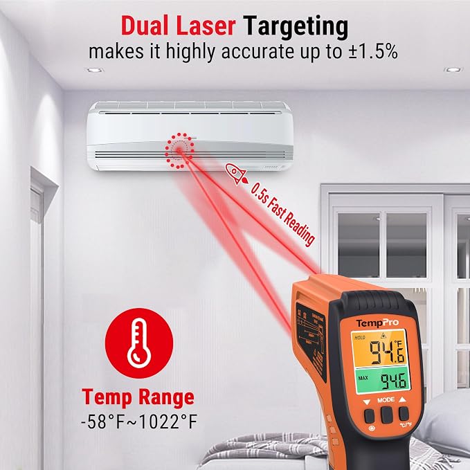 TempPro TempScan Infrared Thermometer Gun with 2 Laser for Pizza Oven Grill | 16:1 D:S Ratio Temperature Gun for Cooking HVAC Engine, Laser Thermometer Gun with Adjustable Emissivity Temp Gun -58℉-1022℉