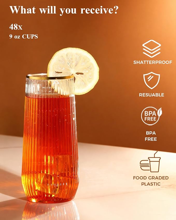 BESTSTAR 96 Pack Gold Rim Plastic Ribbed Origami Ripple Plastic Glasses Set | 48 9OZ Stemless Champagne Flutes & 48 12OZ Cups, BPA-Free Shatterproof Clear Drinkware for Weddings, Parties & Events