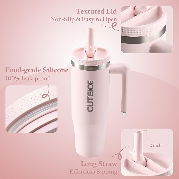 30 oz Pink Insulated Coffee Tumbler with Handle and Flip Straw 100% Leakproof Stainless Steel Iced Travel Coffee Cup with Lid Vacuum Cold Beverages Water Bottle Car Office Gifts for Women Men