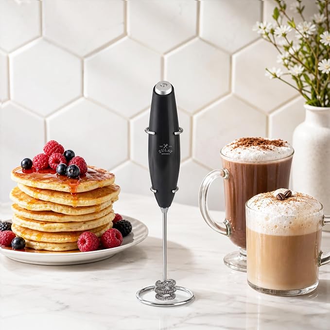 Zulay Kitchen Powerful Milk Frother Wand With Duracell Batteries - Ultra Fast Handheld Drink Mixer - Electric Whisk Foam Maker for Coffee, Lattes, Cappuccino & Matcha - Triple Whisk - Quartz Obsidian