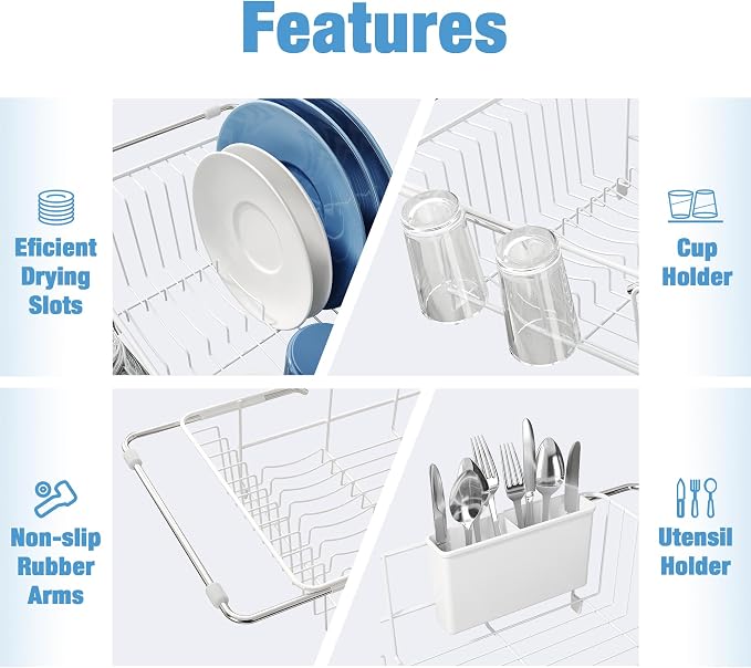 JASIWAY White Dish Drying Rack in Sink, Dish Drainer with Utensil Holder | Over The Sink Expandable Stainless Steel Strainer Dryer Rack for Small Kitchen, Counter Space Saving, Fast Drain, Rustproof