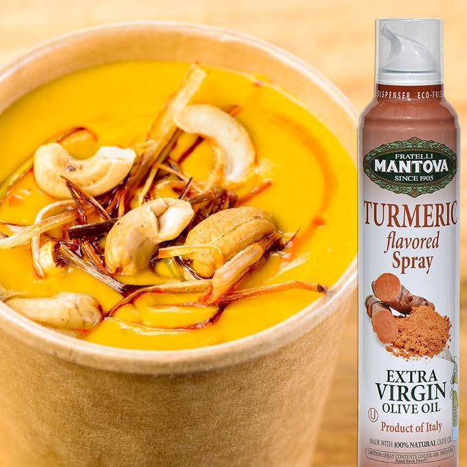 Mantova Turmeric Flavored Extra Virgin Olive Oil Spray, heart-healthy cooking spray perfect for salads, pasta sauces, 100% natural cooking oil made in Italy, olive oil dispenser bottle sprays, drips, or streams with no waste, 8 oz