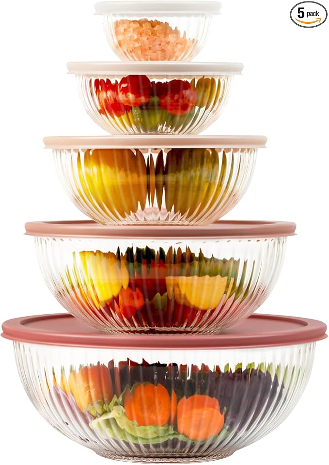 Glass Mixing Bowls with Lids Sets, 5 PCS Glass Bowls for Kitchen service | For Baking, Meal Prepping and Salad, Bpa Free, Microwave, Dishwasher and Oven Safe Serving Bowls, 0.2/0.5/1.1/2.1/3.7Qt