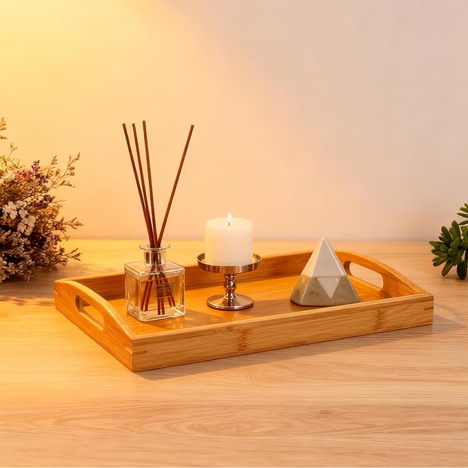 2-Pack Bamboo Serving Trays with Handles, 16" and 13", Decorative Food Tray Set for Breakfast, Coffee, Tea, Snacks, Ideal for Coffee Table, Ottoman, Living Room & Kitchen