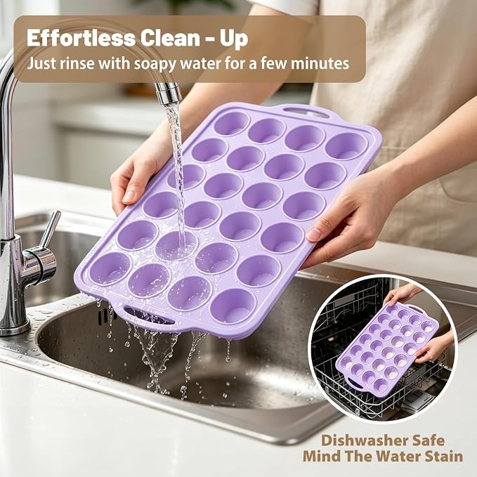 Mini Silicone Muffin Pan with Frame Non Stick Cupcake Tin Baking Mold | Silicone Cupcake Pan with Handles 24 Cup, BPA Free Silicon Muffin Tin Tray Small for Baking, Egg Bites, Cupcake Mold Purple