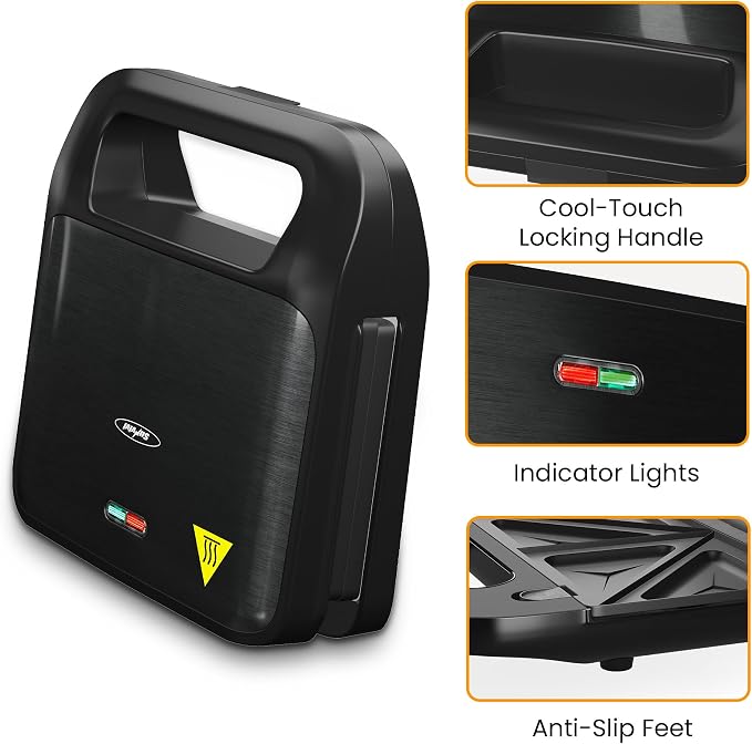 3 in 1 Electric Sandwich Maker with Removable Nonstick Plates - 750W,Black | for Belgian Waffle/Panini/Grill/Pancake Griddle/Breakfast,Dishwasher Safe,Cool Touch Handle,Easy to Clean & Store