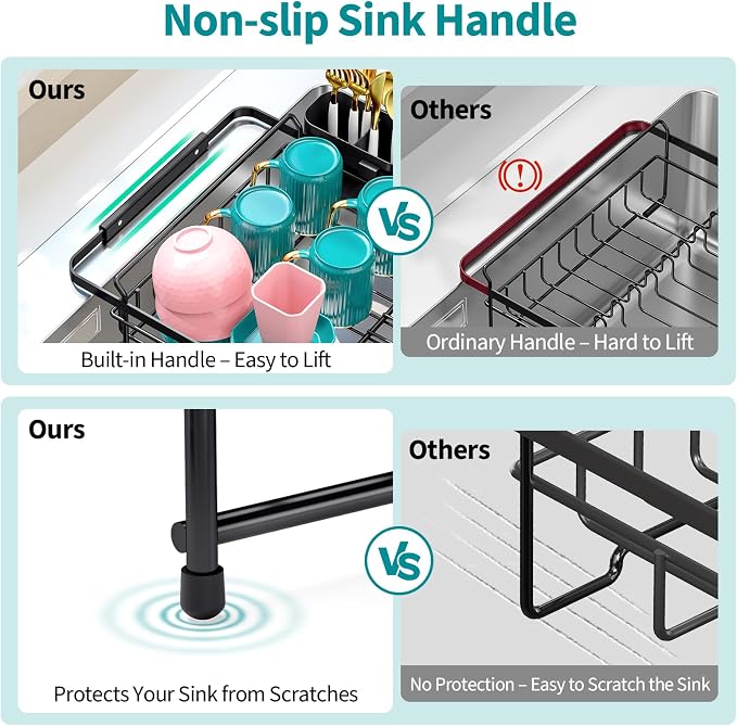 Urackify Expandable Stainless Steel in Sink Dish Drying Rack | Expandable design fits 13"-18" sinks. Rustproof stainless steel construction. In-sink rack with utensil holder.