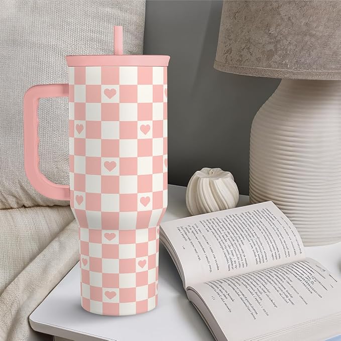 40oz Checkered and Heart Tumbler with Handle and Straw - Insulated Stainless Steel Travel Coffee Mug for Women Girls, Gift for Birthday, Christmas