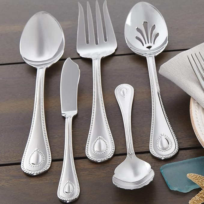 Lenox French Perle 65-Piece 18/10 Silverware Set for 12, Flatware | mirror finish, dishwasher safe | includes serving spoons and utensil set | heavy duty, cutlery set for kitchen and dining
