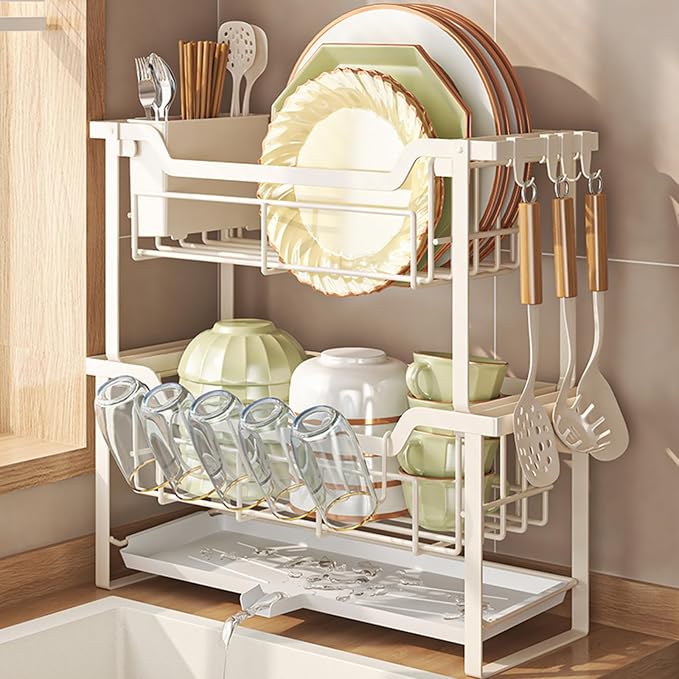 HABITLLO 2-Tier Dish Drying Rack with Drainboard, Large Capacity Dish Racks for Kitchen Counter Shelf with Utensil, Cups, Cutlery & Cutting Board (White)