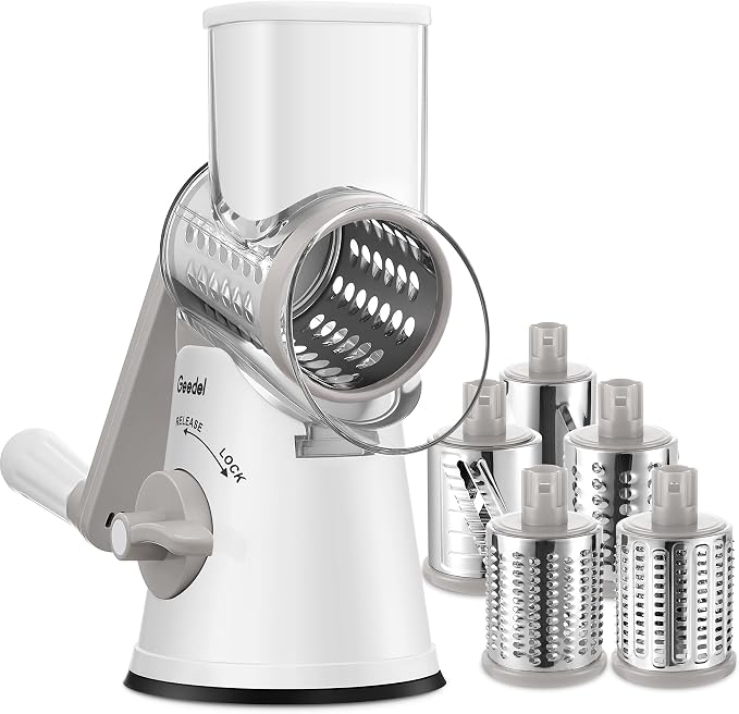 Geedel Upgraded Rotary Cheese Grater, 5 in 1 Cheese Shredder Veggie Slicer | Non-slip Suction Base, 430 Stainless Steel, No BPA, Dishwasher Safe, for Cheese Shredding, Wavy Slicing, Ice Shaving