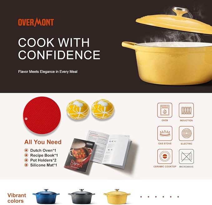 Overmont Enameled Cast Iron Dutch Oven - 5.5QT Pot with Lid Cookbook & Cotton Potholders - Heavy-Duty Cookware for Braising, Stews, Roasting, Bread Baking
