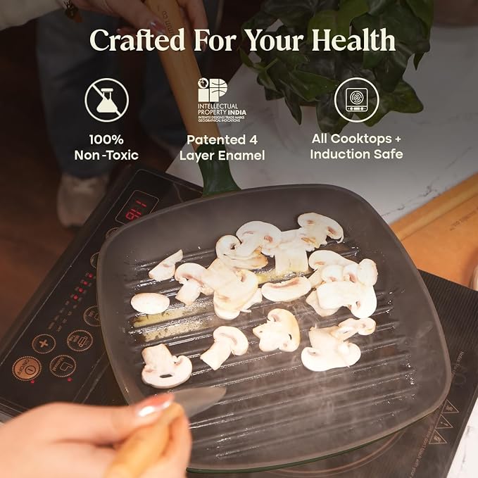 CUMIN CO. Enameled Cast Iron Grill Pan 10 Inch, 1.2 QT Grill Skillet – Non Toxic PFAS Free Cookware – 4 Layer Enamel Coating – Indoor Grill Pan for Steak, Chicken, Burgers & Vegetables (Green)