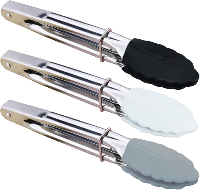 HINMAY 7-Inch Mini Tongs with Silicone Tips, Set of 3 (Black White Gray) | 7-Inch Small Serving Tongs