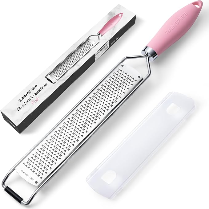 Zester Grater with Handle, Lemon Zester Cheese Grater for Kitchen Stainless Steel, Parmesan Cheese Garlic Nutmeg Chocolate Fruits Vegetables Ginger Grater, Fine (Pink)