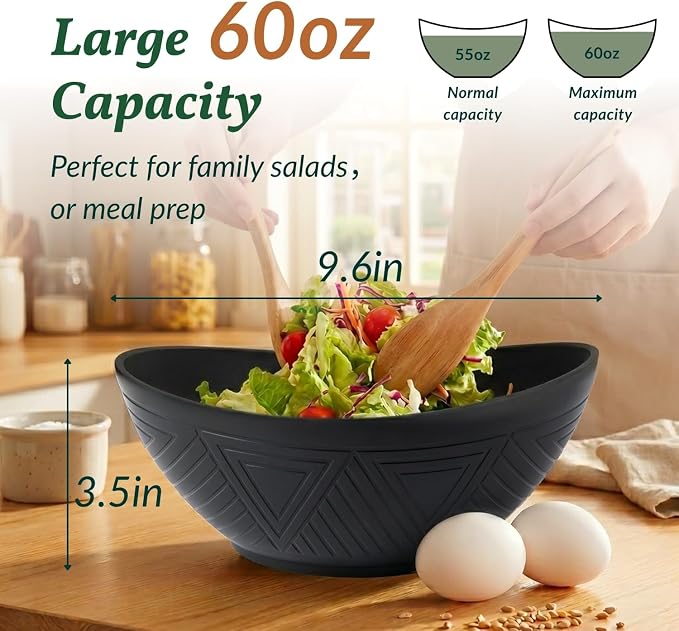 9.6 inch Serving Bowls, Large Serving Dishes for Wedding Parties, 60 Oz for Salad, Side Dishes, Pasta, Oval Shape, Microwave & Dishwasher Safe, Set of 4, Black