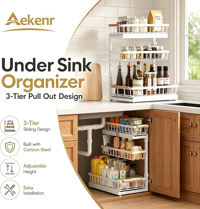 Under Sink Organizer and Storage for Bathroom and Kitchen - 2 Pack 3 Tier | Under Cabinet Pull Out Shelf Organizers - Slide Out Drawer Organization for Home Cabinets Shelves and Drawers